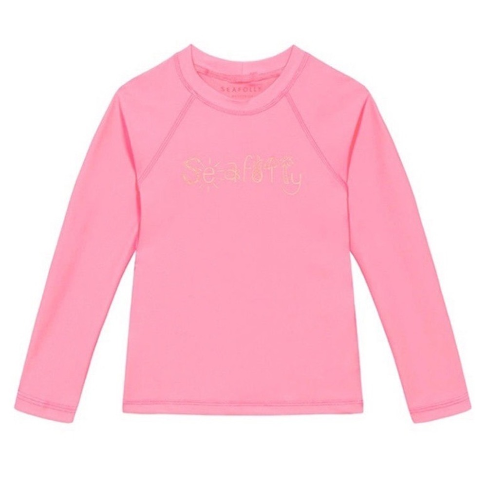 Seafolly Australia Girls Pink Long Sleeve Rash Guard Swim Top Gold Logo Size 3